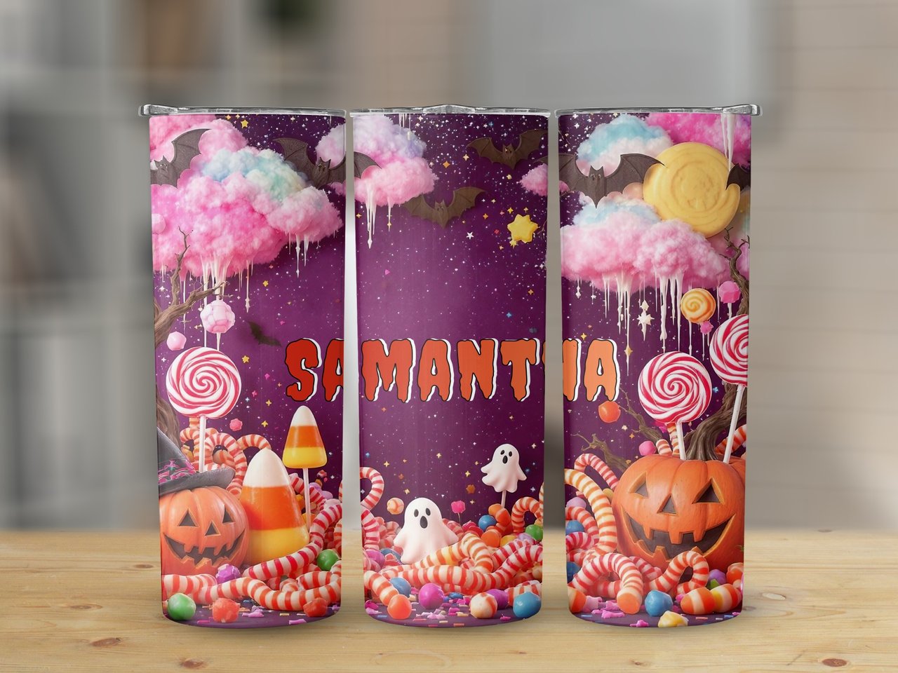 Personalized Halloween Tumbler, Spooky Sweets, Custom Name Tumbler, Candy Corn, Ghost Bats, Halloween Gift, Personalized Tumbler