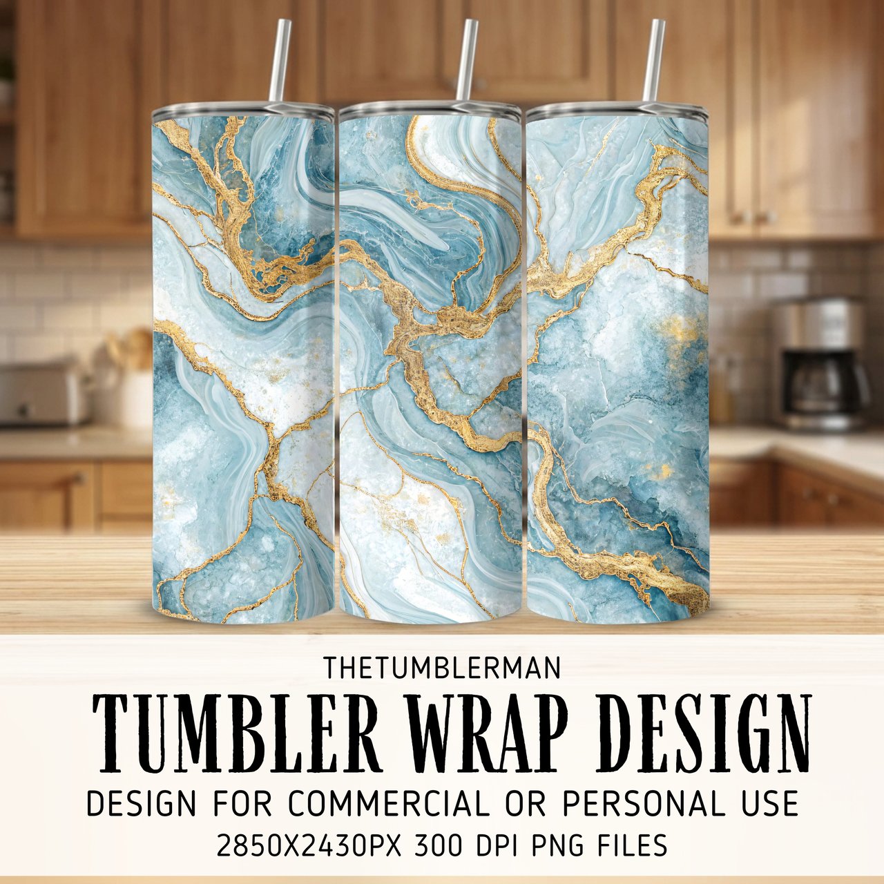 20 oz Skinny Tumbler Wrap, Blue Marble Gold Veins, Sublimation Design, Straight and Tapered Wrap png, Digital Download, Tumbler Design