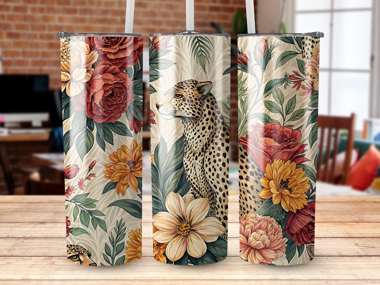 Floral Leopard Tumbler Wrap, 20oz Skinny Tumbler Design, Cheetah PNG, Flower Tumbler Sublimation, Digital Download