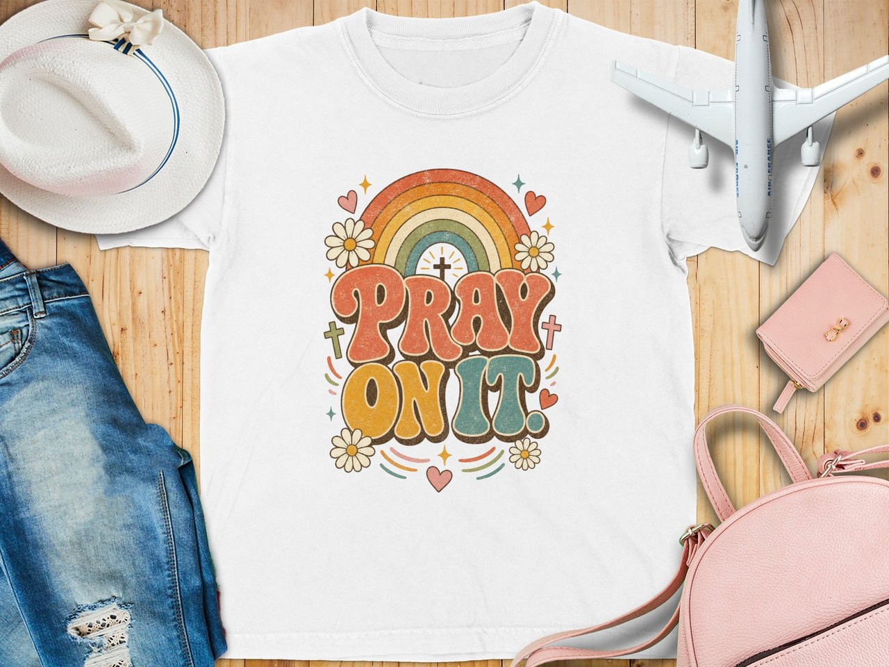Pray On It Christian Youth T-Shirt | Retro Faith Rainbow Tee | Vintage Inspirational Boho Religious Gift for Her Women