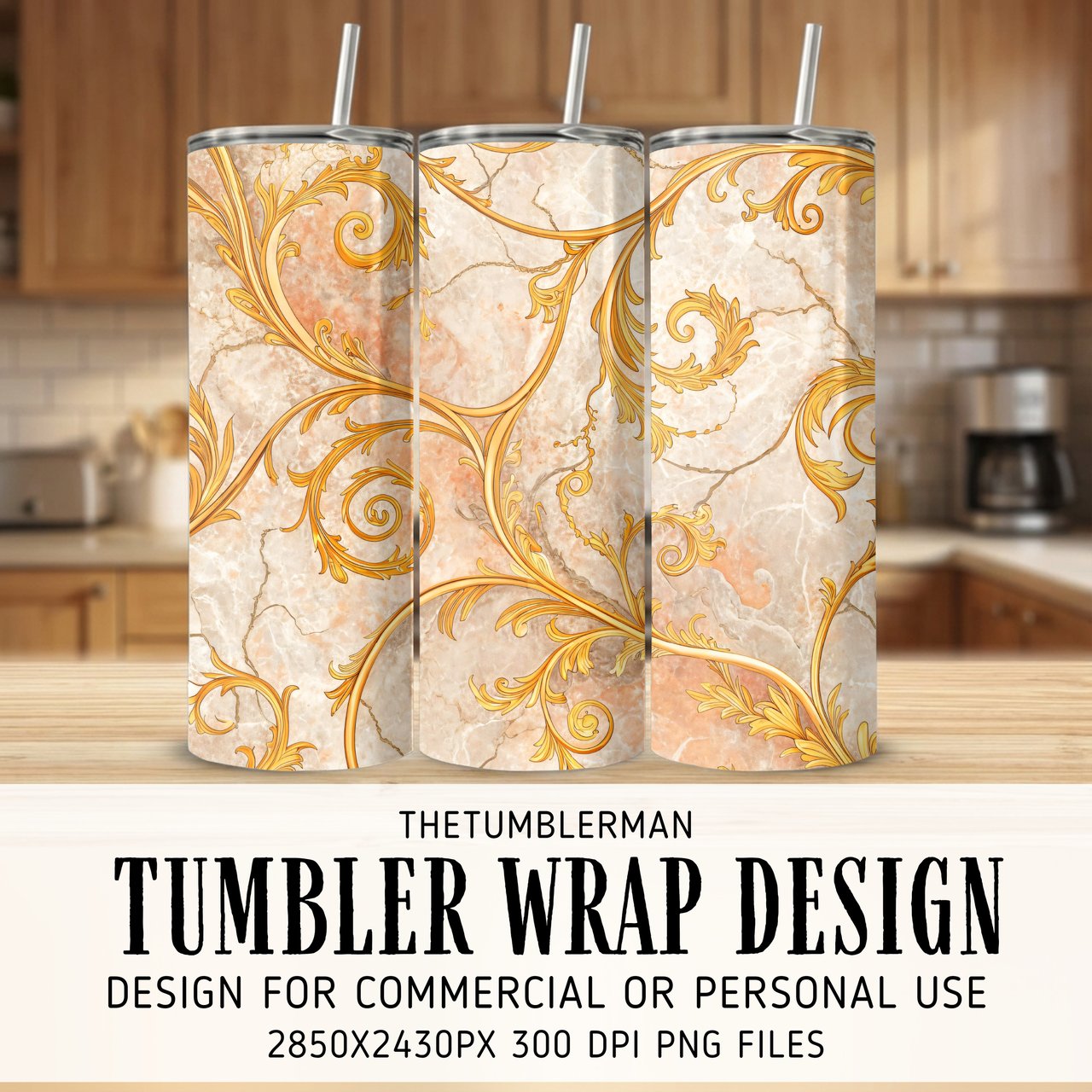 20 oz Skinny Tumbler Wrap, Golden Floral Design, Straight and Tapered, Marble Texture, Tumbler Digital Download, Sublimation png