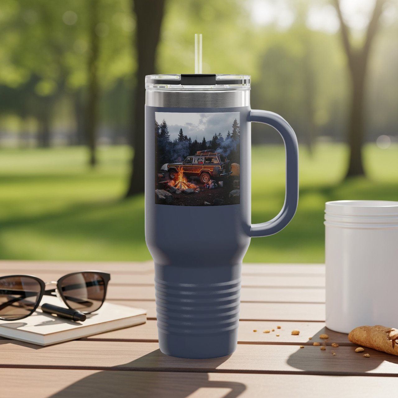 Grand Wagoneer Tumbler, The Waggy Camping Scene, Car Lover Gift, Classic SUV, Woodgrain Design, Automotive Art Tumbler