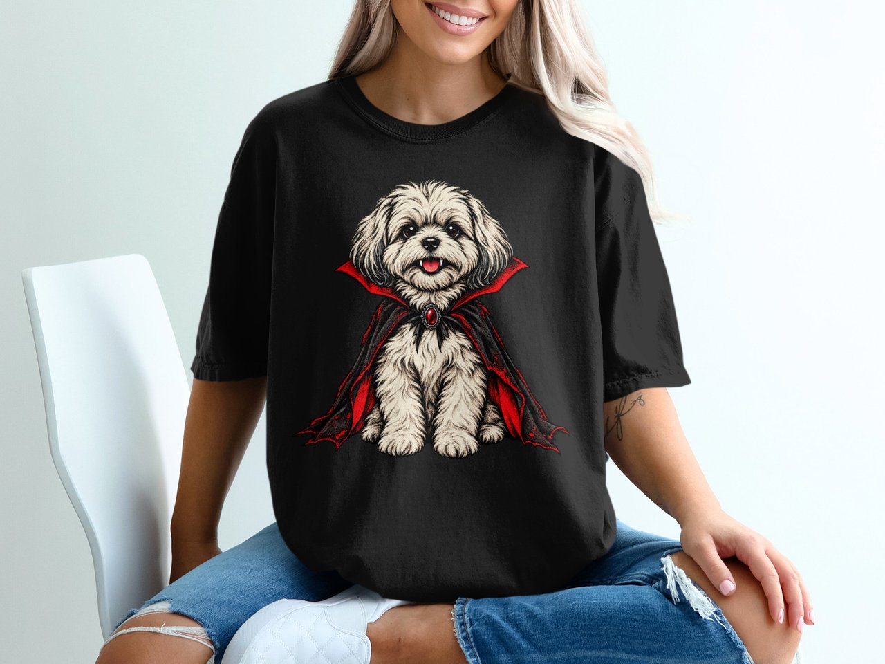 Shih Tzu Vampire Halloween Art Dracula Red Cape Canine Pet Dog Standard T-Shirt