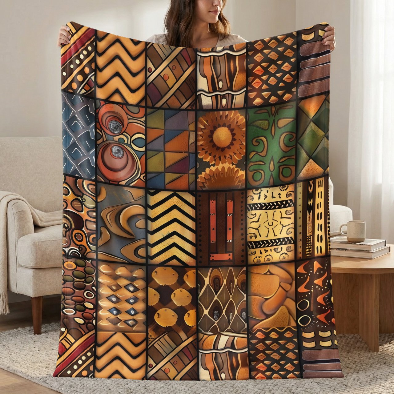 Global Boho Mosaic Velveteen Blanket, African Tribal Art Throw Pillow, Earthy Textured Woven Blanket, Unique Home Decor Gift