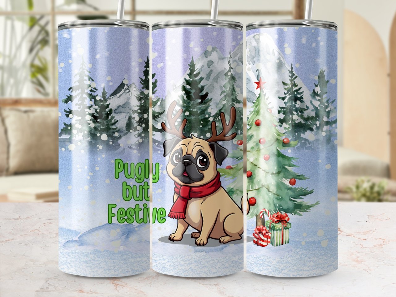 Christmas Pug 20oz. Tumbler Wrap, Funny Holiday Dog Tumbler Design, Reindeer Antlers Pug, Festive Animal Lover Gift, Winter Scene