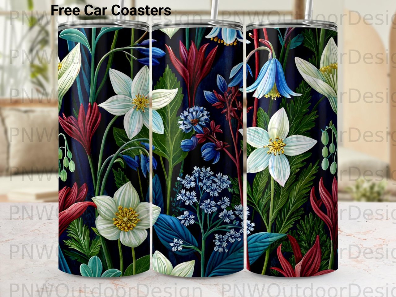 Dark Botanical Tumbler Sublimation PNG, Moody Floral 20oz Skinny Tapered Wrap Digital Design, Seamless + Free Car Coasters