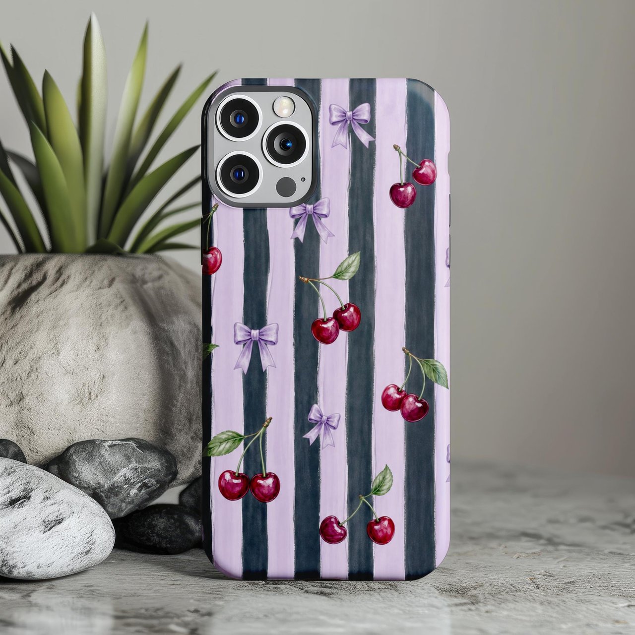 Dark Coquette Cherry Tough Phone Case, Lilac Purple Striped Bow Phone Cover, Gothic Ribbon Cherry Pattern Aesthetic Gift For Her