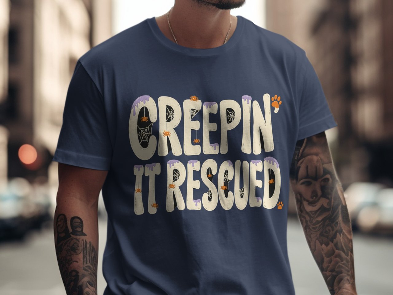 Creepin' It Rescued Halloween T-Shirt | Spooky Spider Paw Print Dog Rescue Tee | Adopt Don't Shop Shirt
