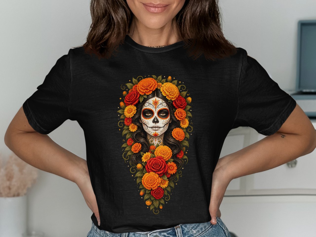 Floral Sugar Skull Catrina Tee or Sweatshirt