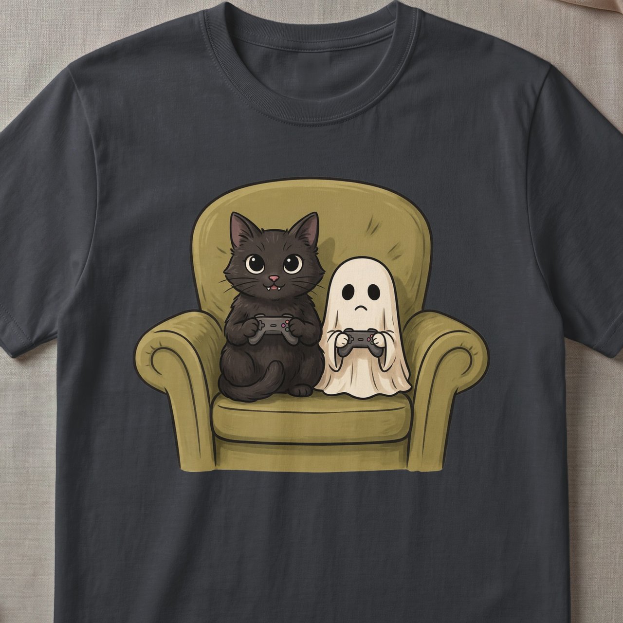 Gamer Ghost and Cat Tee