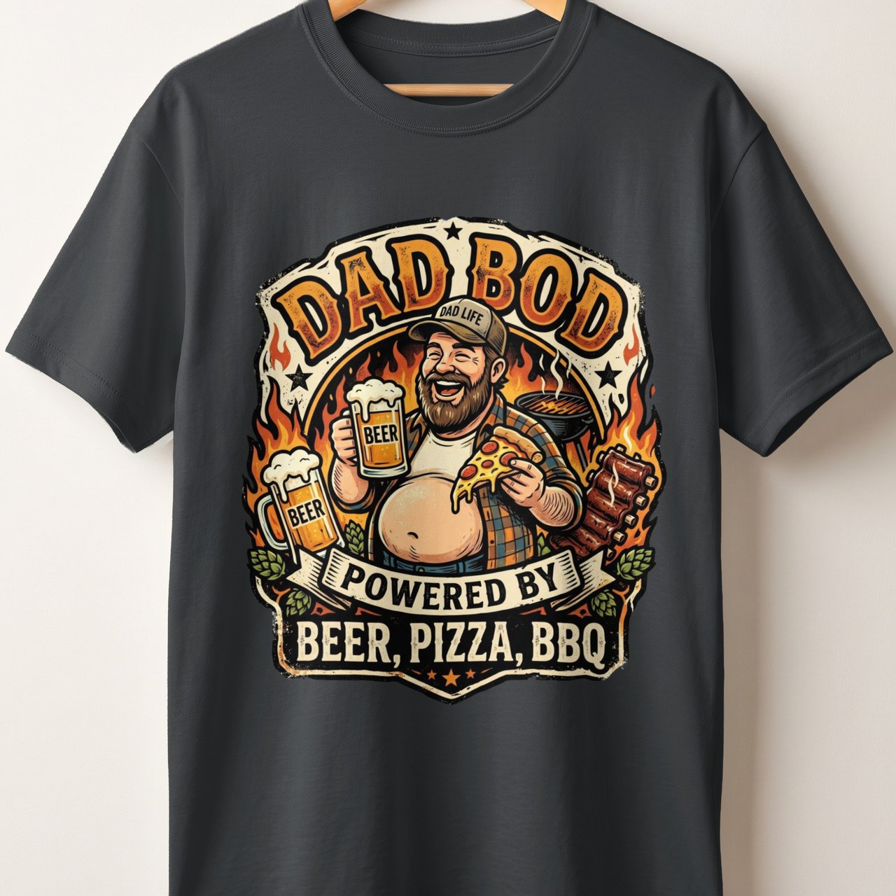 Dad Bod Powered by Beer Pizza BBQ T-Shirt, Funny Father's Day Gift, Husband Birthday Tee, Men's Grilling Apparel