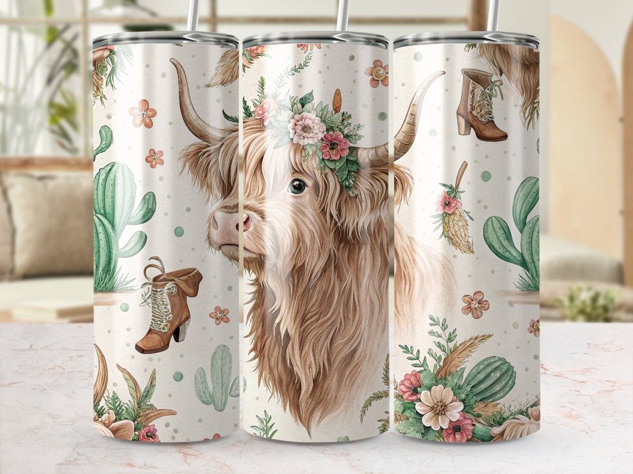 Highland Cow Tumbler Wrap, Floral Tumbler Wrap, 20oz Seamless Tumbler, Bohemian Cow Tumbler, Cowgirl Boots Tumbler, Cactus Wrap