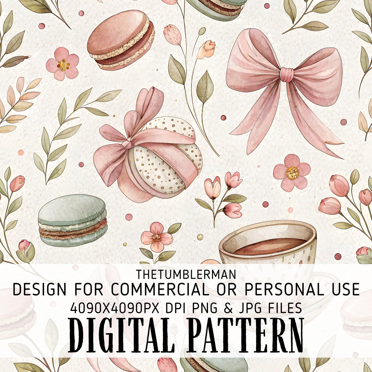 Digital Pattern Bundle, Macarons, Bows, Flowers, Digital Paper, Seamless Pattern, Scrapbooking, Fabric Design, Commercial Use, Digital