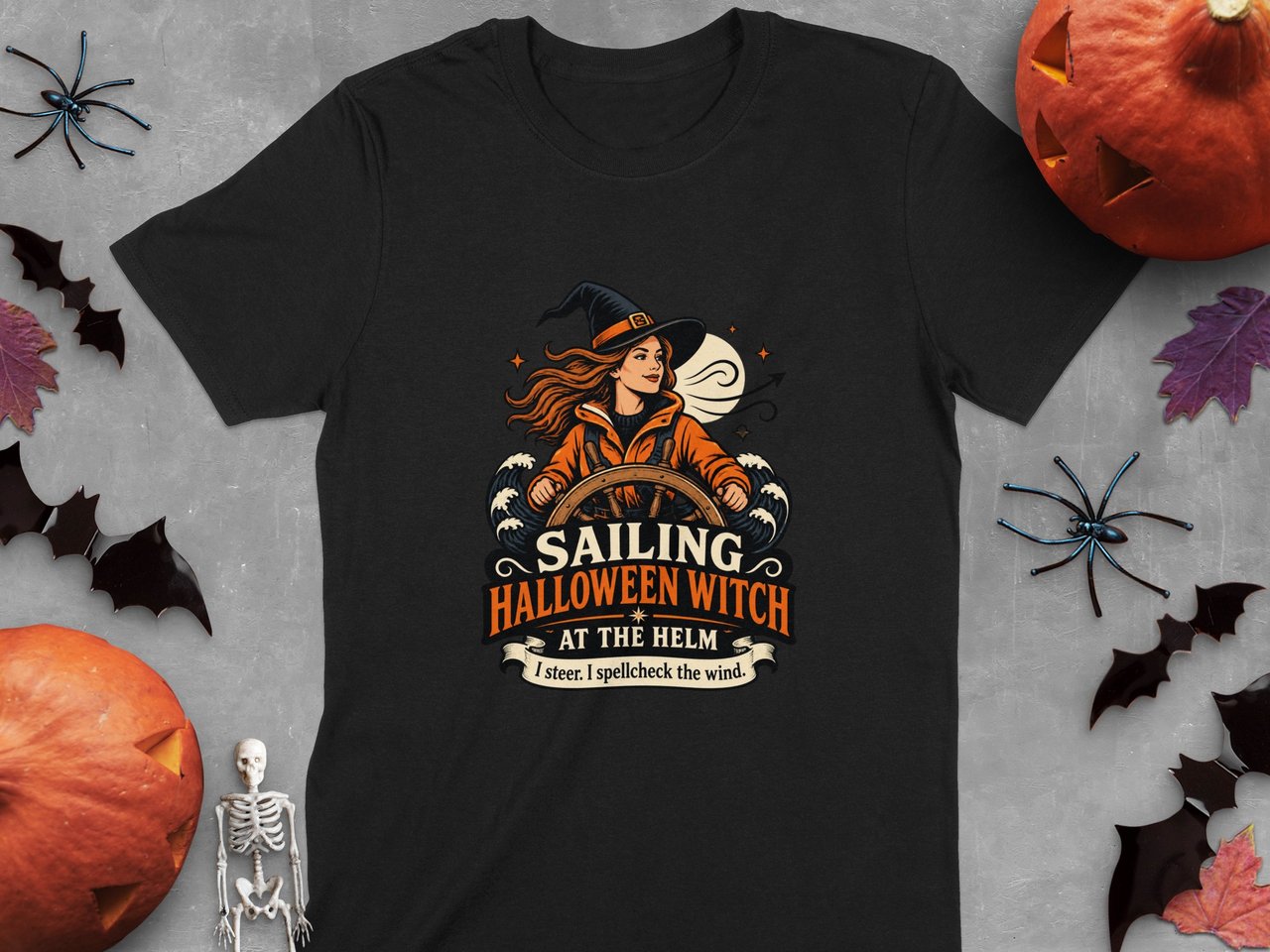 Sailing Halloween Witch At The Helm Crewneck Sweatshirts Nautical Ocean Ship Wheel Graphic