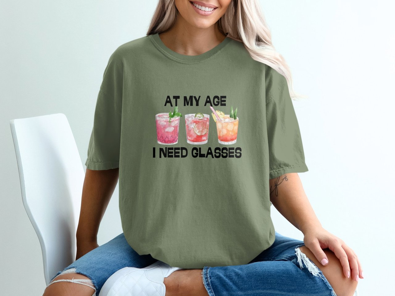 At My Age I Need Glasses T-Shirt, Funny Cocktail Tee, Sarcastic Drinking Shirt, Watercolor Drinks Graphic, Birthday Gift for Her Friend