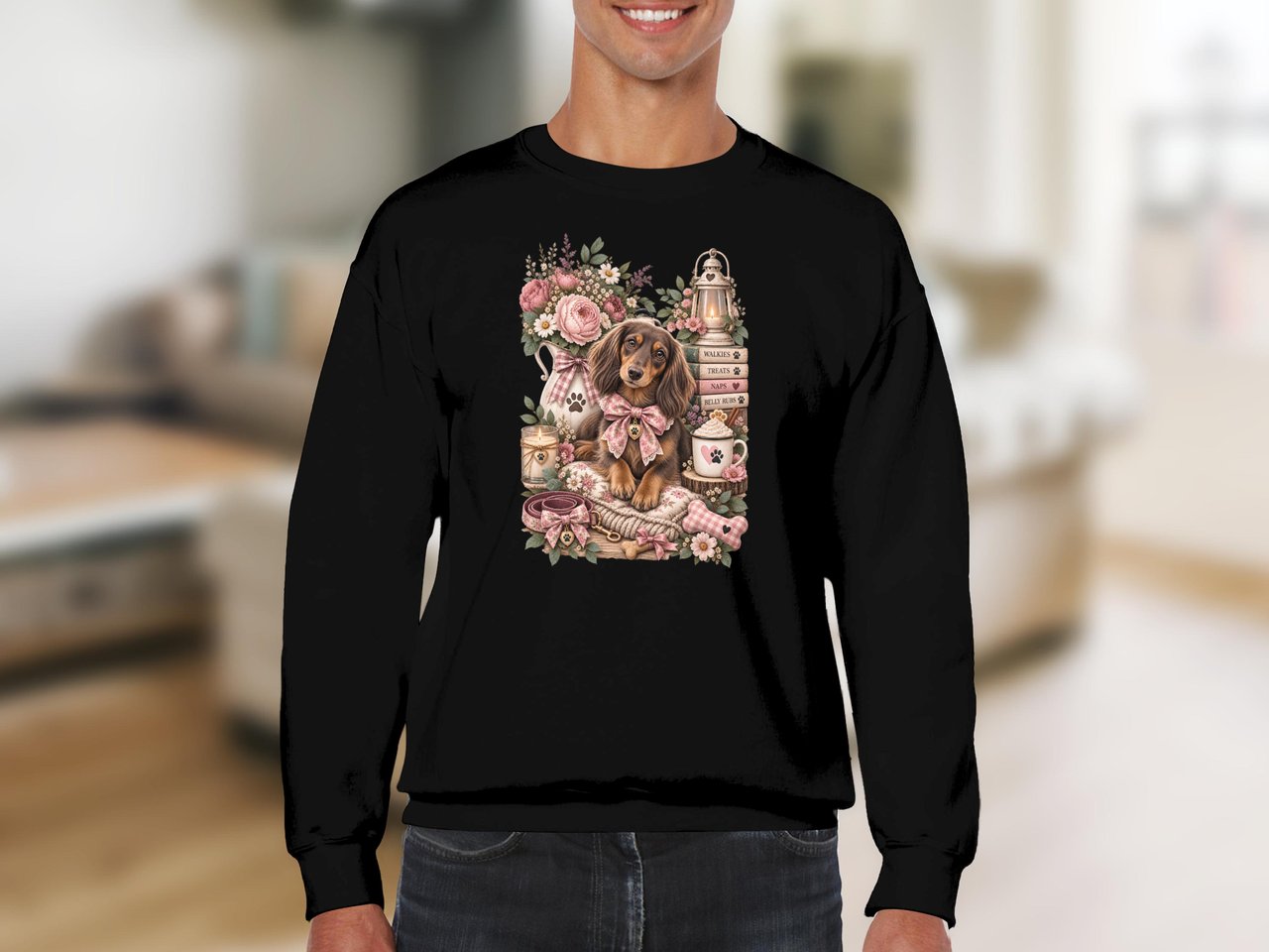 Dachshund Sweatshirt Cottagecore Dog Mom Crewneck, Vintage Floral Doxie Sweater, Coquette Long Haired Wiener Dog Pullover, Dog Lover Gift