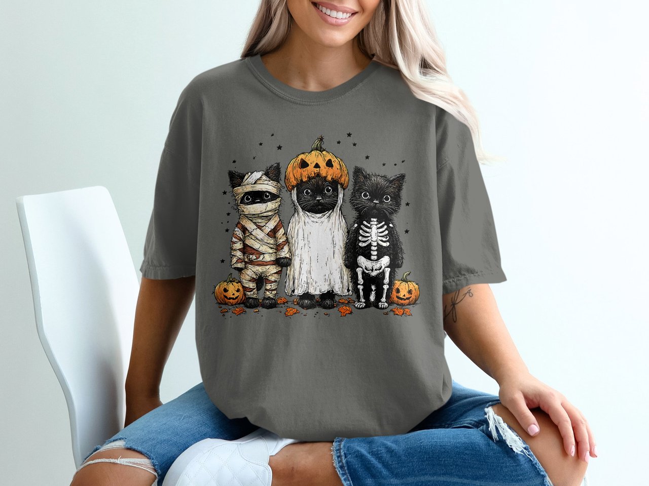 Spooky Cute Black Cat Halloween T-Shirt, Adorable Kitten Sweatshirt, Pumpkin Mummy Ghost Skeleton Cats, Autumn Fall Apparel Gift
