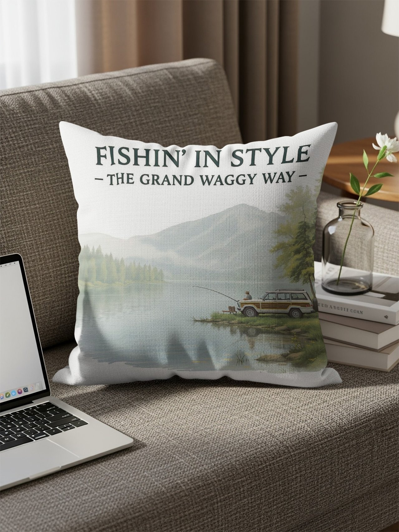 Grand Wagoneer Pillows, Fishin In Style, Waggy Themed Pillows and Pillow Cases, Lake Fishing Scene, Gifts for Him, Classic Car Decor