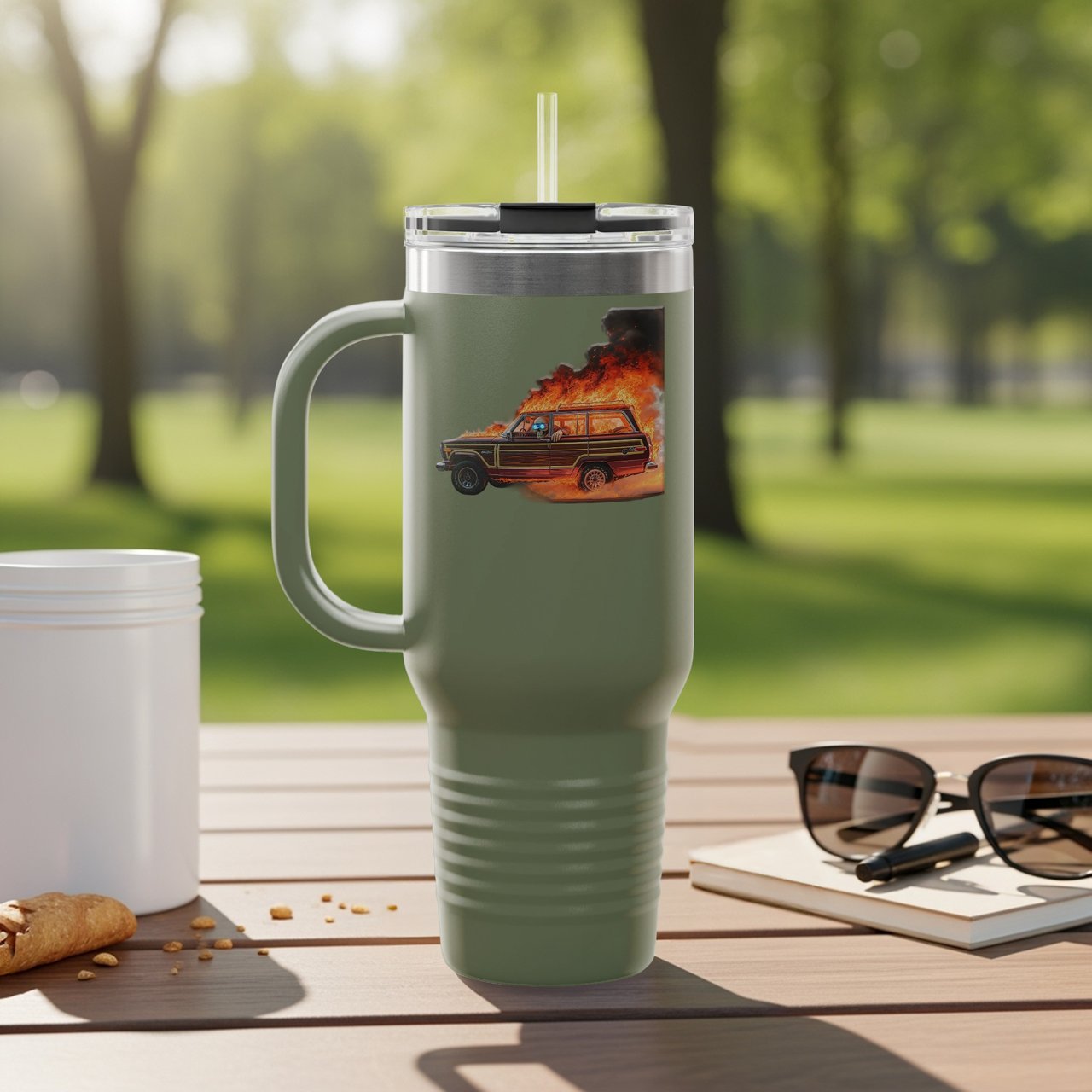 Grand Wagoneer Tumbler, Flaming Car Tumbler, The Waggy Car, Burning Car, Skeleton Driver, Cars Tumbler, Gift for Car Lover