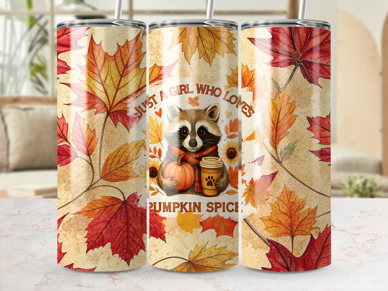 Fall Raccoon 20oz Tumbler Wrap, Pumpkin Spice Girl, Autumn Leaves, Seamless Design, Cute Animal Tumbler, Coffee Lover Gift, Digital PNG