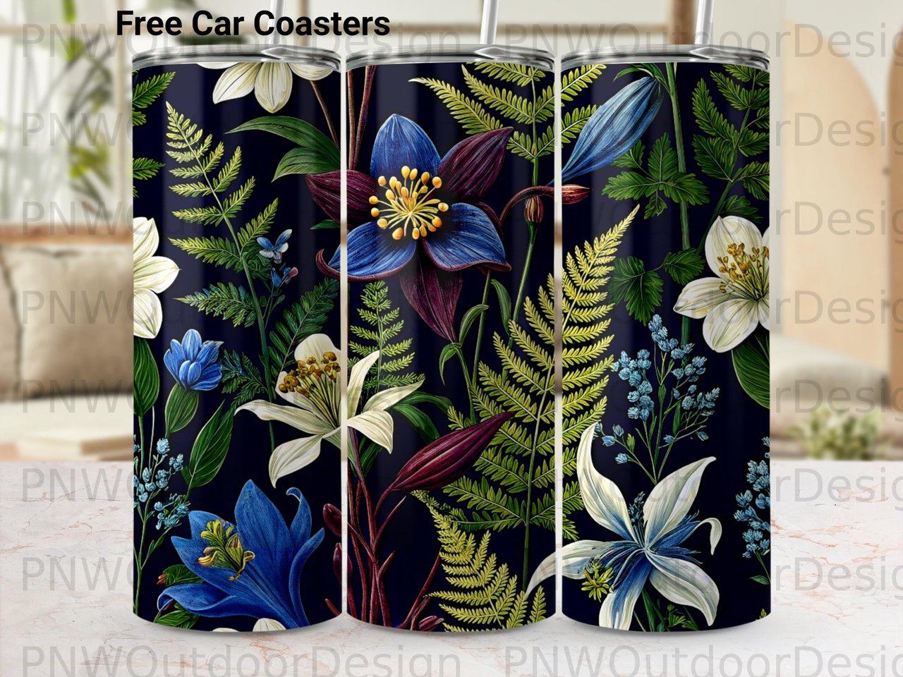 Dark Floral 20oz Tumbler Sublimation PNG Seamless Design | Moody Botanical Tumbler Wrap Digital File Instant Download
