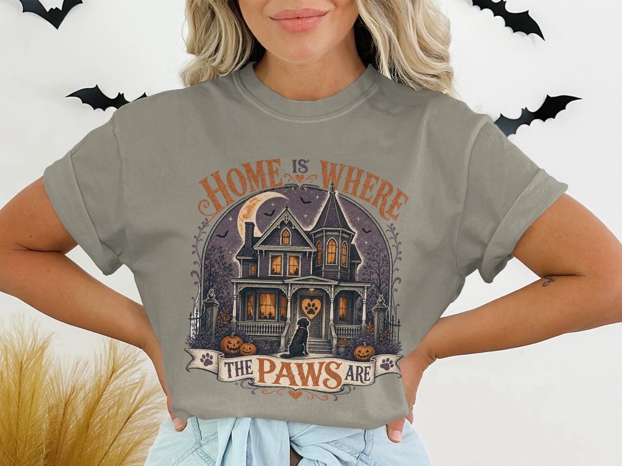 Home Is Where The Paws Are T-Shirt, Halloween Dog Shirt, Spooky Haunted House Dog Lover Tee, Gothic Dog Mom Fall Apparel, Vintage Style Pet
