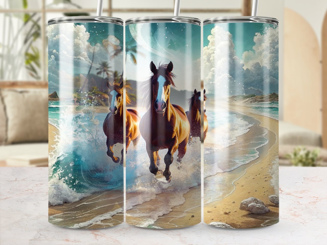 Beach Horses Tumbler Wrap, 20oz Tumbler Design, Seamless Tumbler PNG, Horse Lover Gift, Tropical Beach Tumbler, Horse Tumbler Wrap