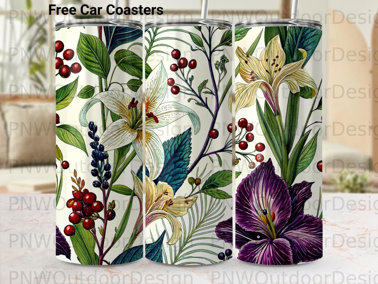 Botanical Tumbler Wrap PNG, Seamless Floral Sublimation Design, 20oz Skinny Tapered Digital Download