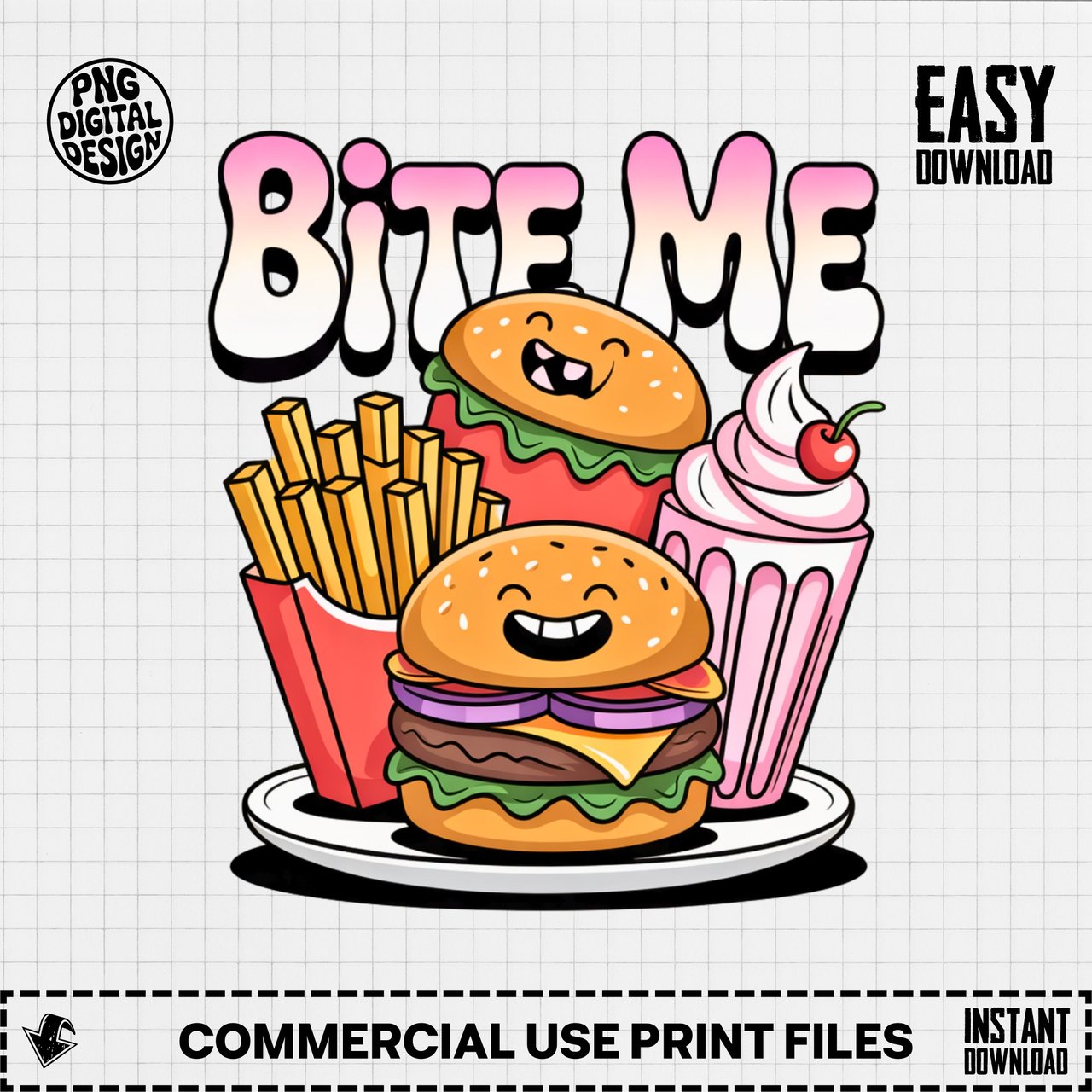 Bite Me Burger Fries Milkshake Digital Download, Cute Fast Food Art, Funny Kawaii Foodie Graphic, Kitchen Wall Decor PNG, Digital Product.