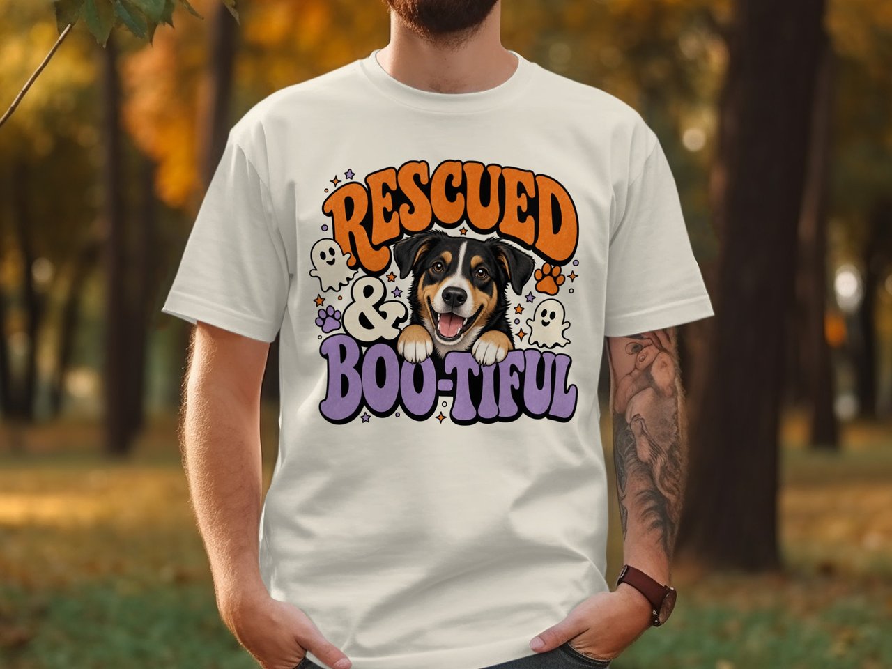 Rescued & Boo-tiful Halloween Dog T-Shirt, Cute Adopted Puppy Lover Gift, Spooky Pet Parent Retro Fall Graphic Tee