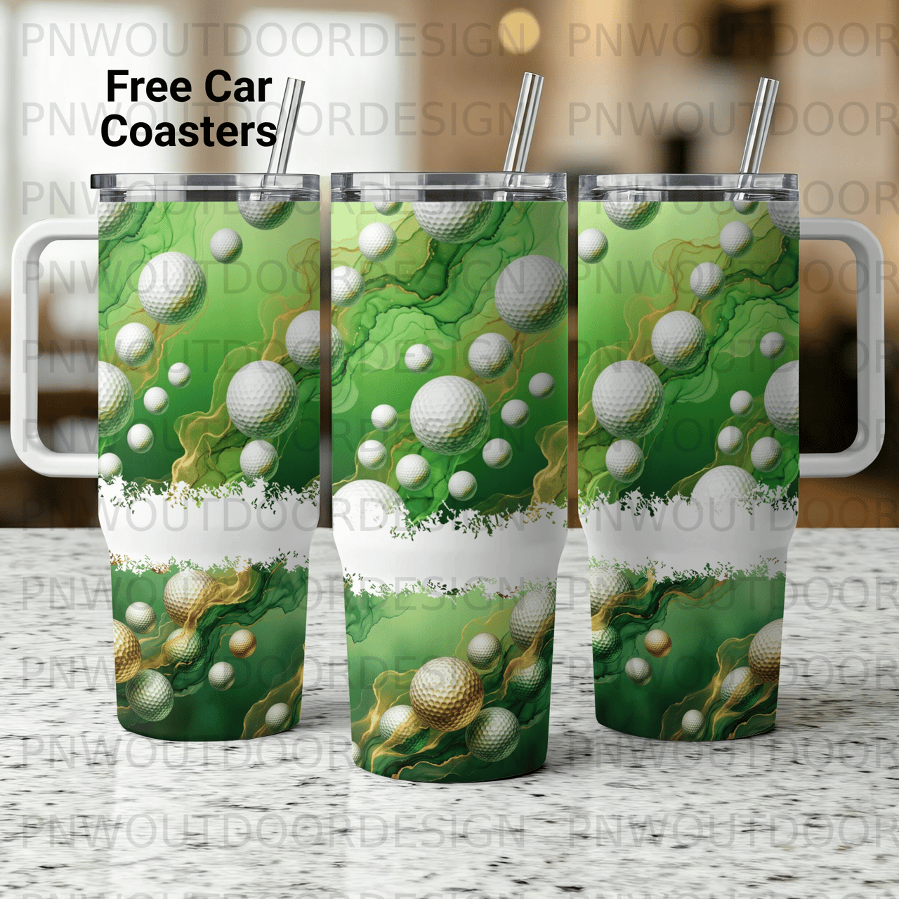 Golf Ball Tumbler Sublimation Digital Design | 40oz Seamless Distressed Green Gold Golf Tumbler Wrap Tapered PNG Free Car Coasters