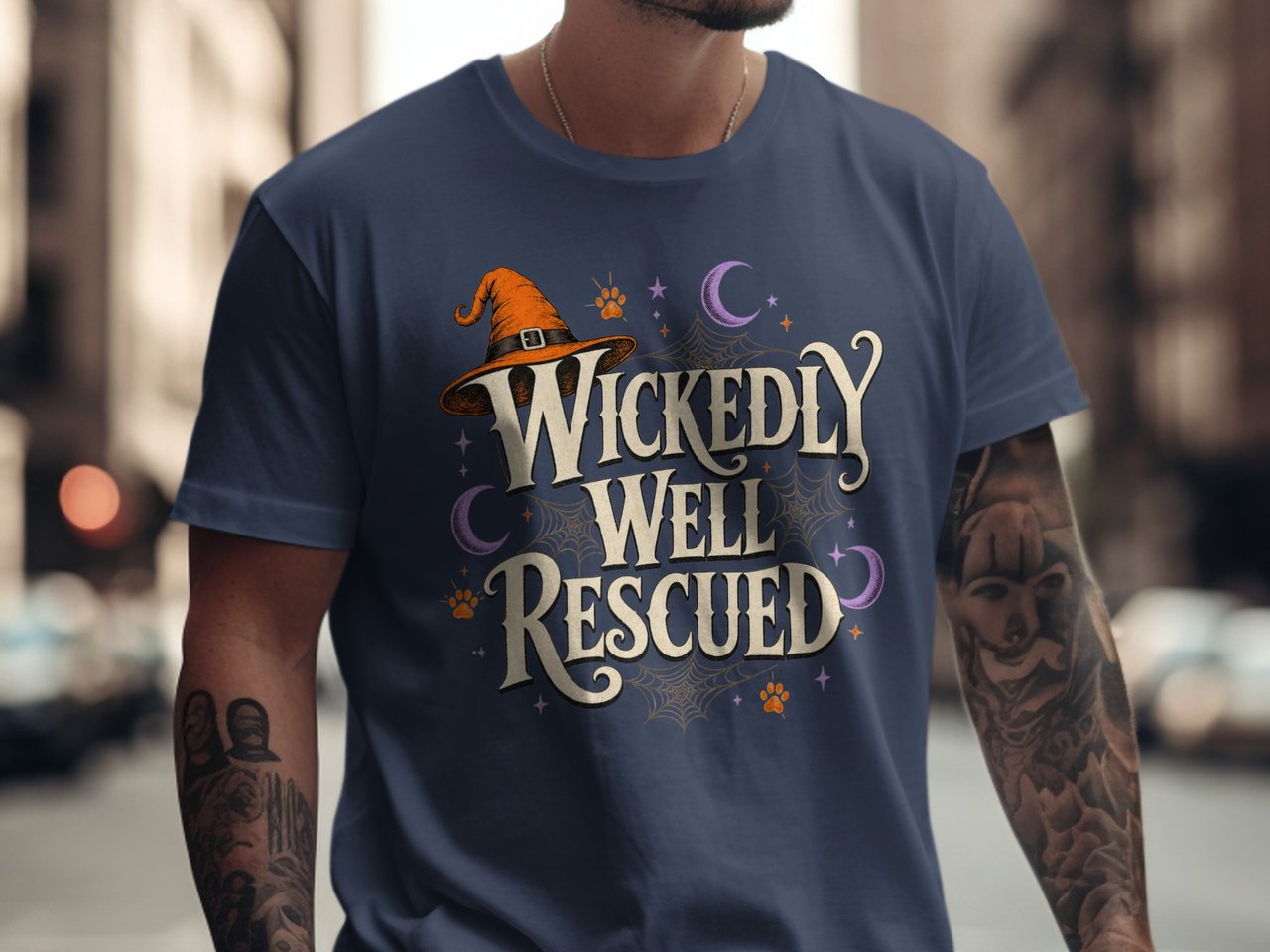 Wickedly Well Rescued T-Shirt | Vintage Halloween Witch Hat Tee, Spooky Pet Adoption Dog Mom Shirt, Animal Lover Gift