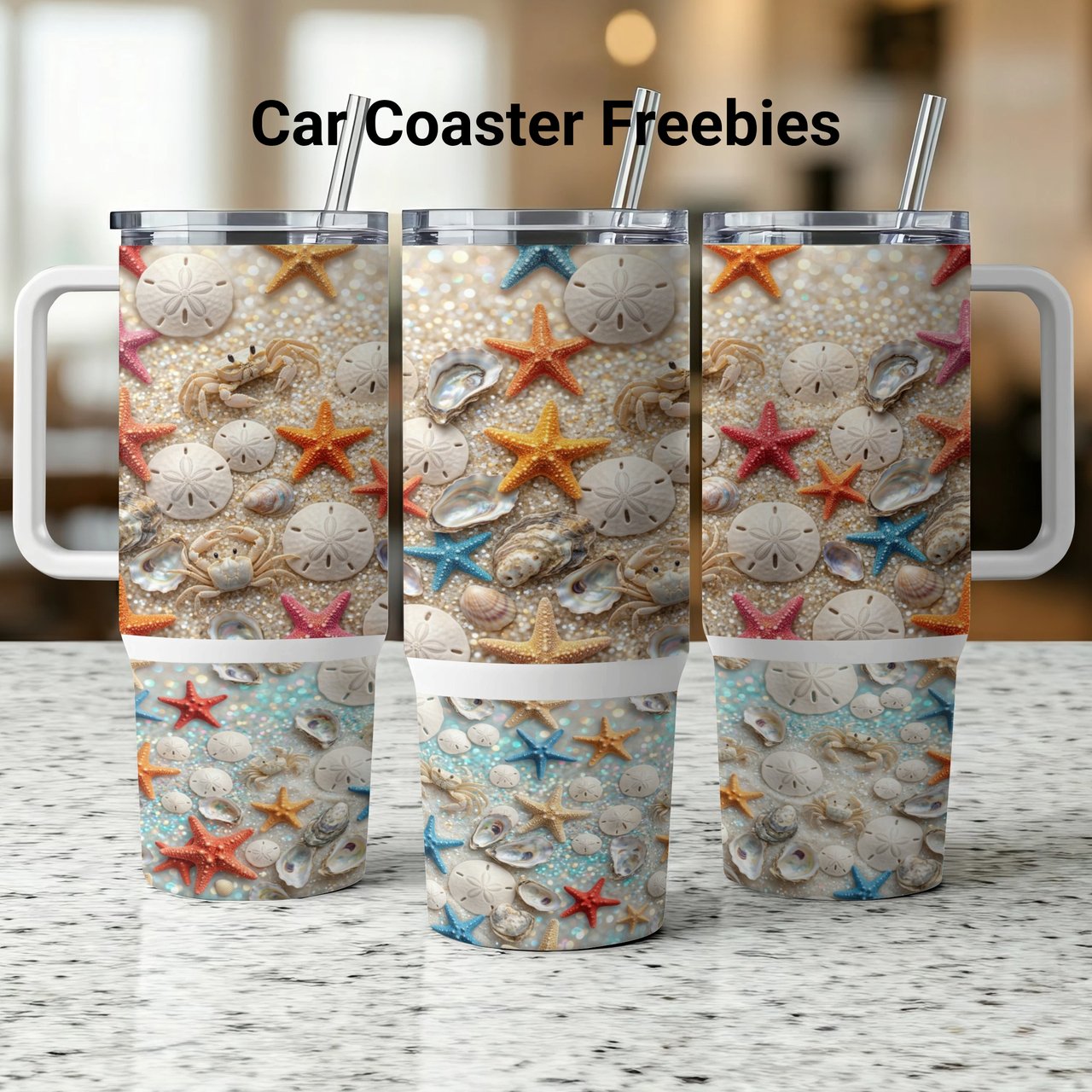 Beach Faux Glitter 40oz Tumbler Wrap Digital Design, Ocean Life Sand Dollar Seashell Starfish Crab Sublimation PNG