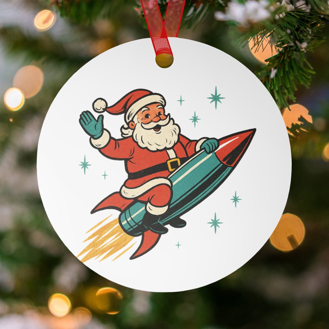 Retro Rocket Santa Ornament