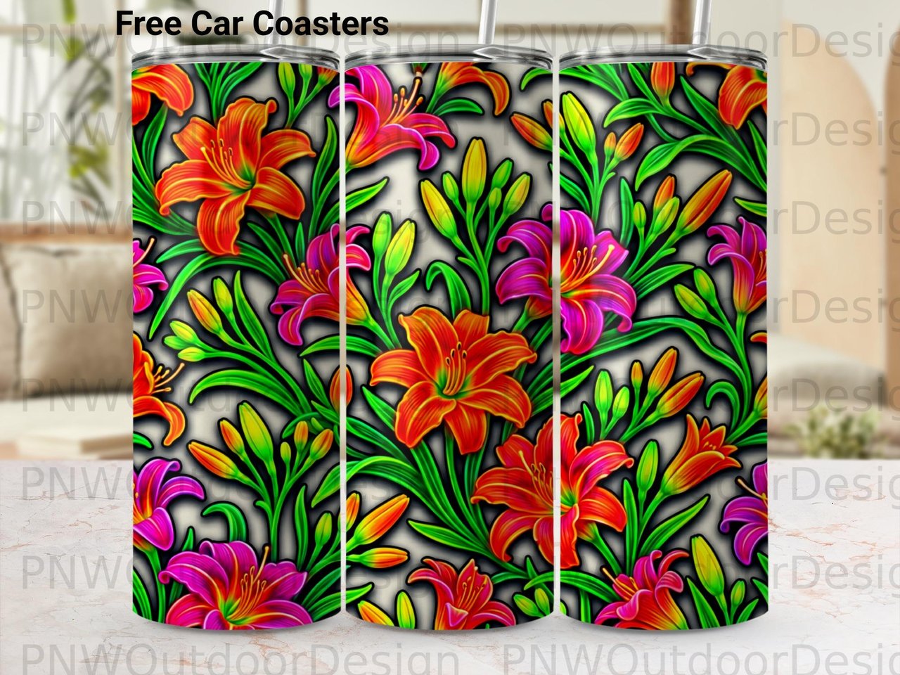 20oz Skinny Tumbler Sublimation Design, Vibrant Lily Floral Tumbler Wrap PNG Digital Download, Seamless Tropical Flower Pattern Craft
