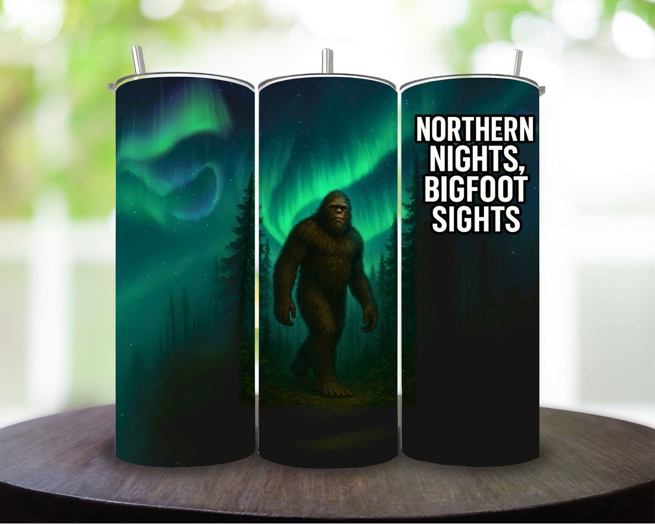 Bigfoot Northern Lights T-Shirt, 20oz Tumbler Wrap, Sasquatch, Cryptozoology Gift, Mythical Creature Art, Forest Design