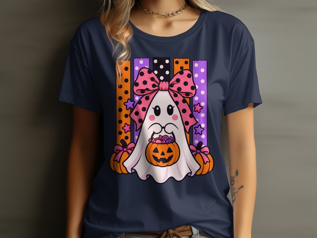 Pink Bow Halloween Ghost Tee or Sweatshirt