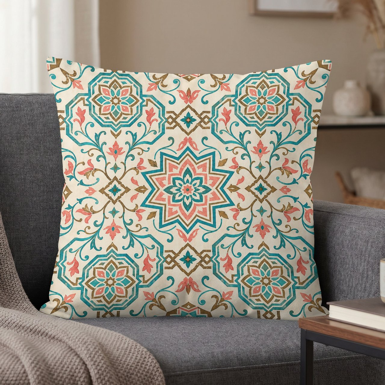 Moroccan Geometric Pillow Cover | Boho Chic Accent Cushion Case | Teal Coral Floral Decorative Home Decor Throw Pillow