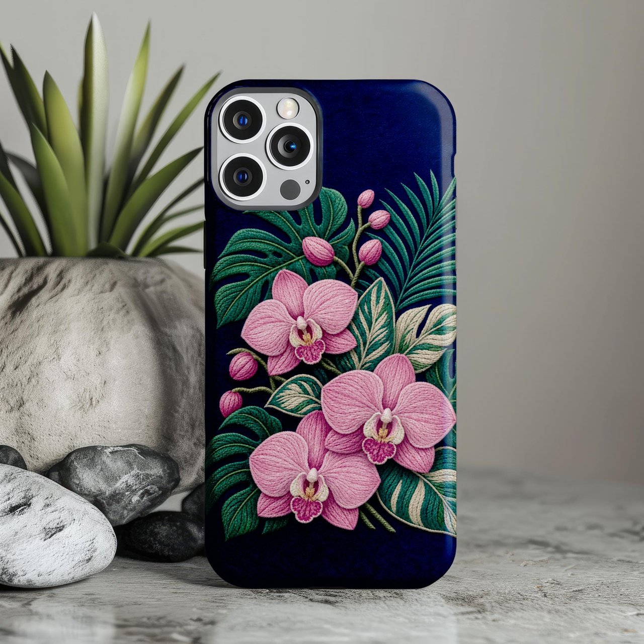 Pink Orchid Tough Phone Case Faux Embroidery Floral Botanical Cover Cottagecore Tropical Flower Case Plant Mom Gift for Her Aesthetic Phone