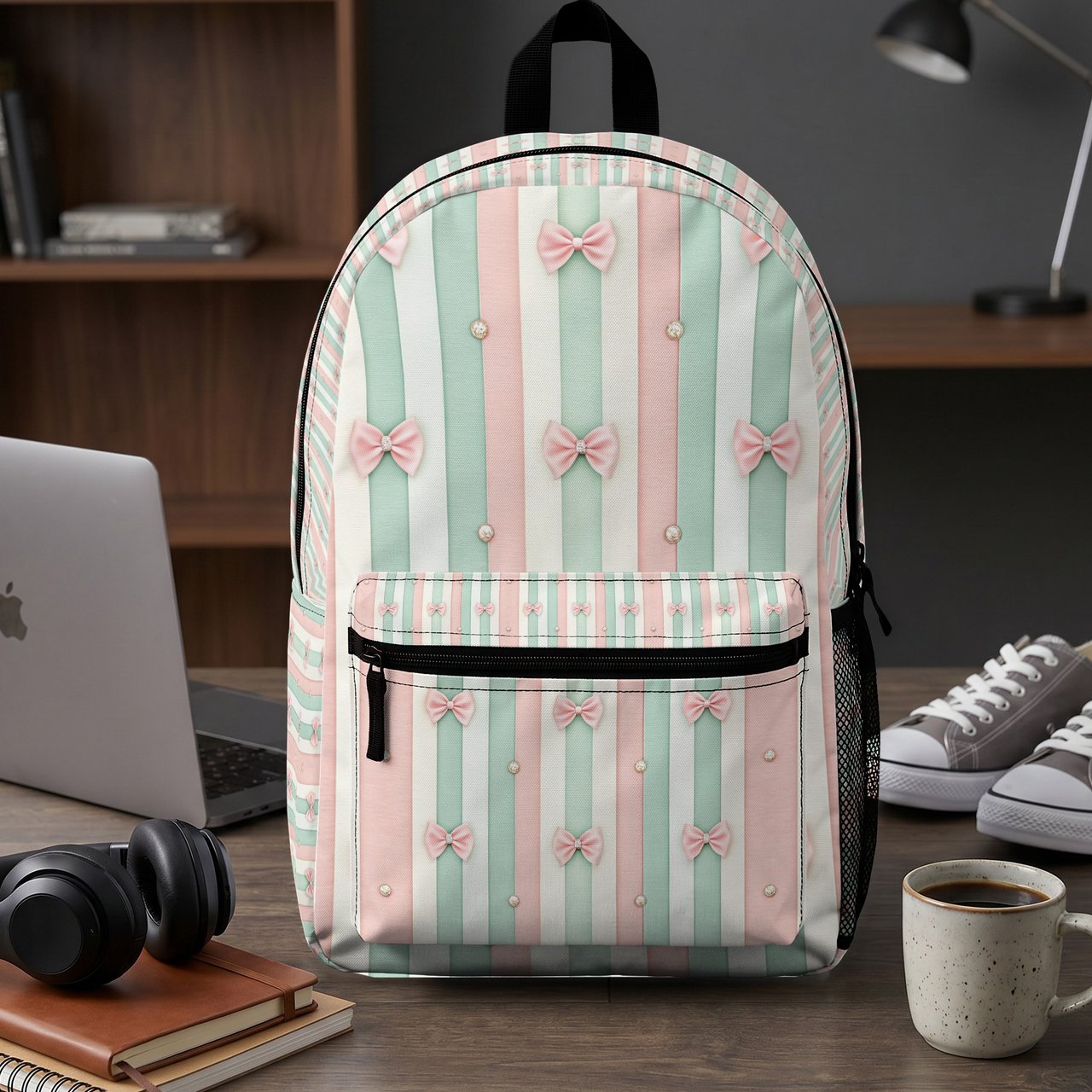 Coquette Bow Pastel Striped Backpack, Cute Pink Bows Spiral Notebook, Romantic Aesthetic Accessory Pouch, Kawaii Girl Gift