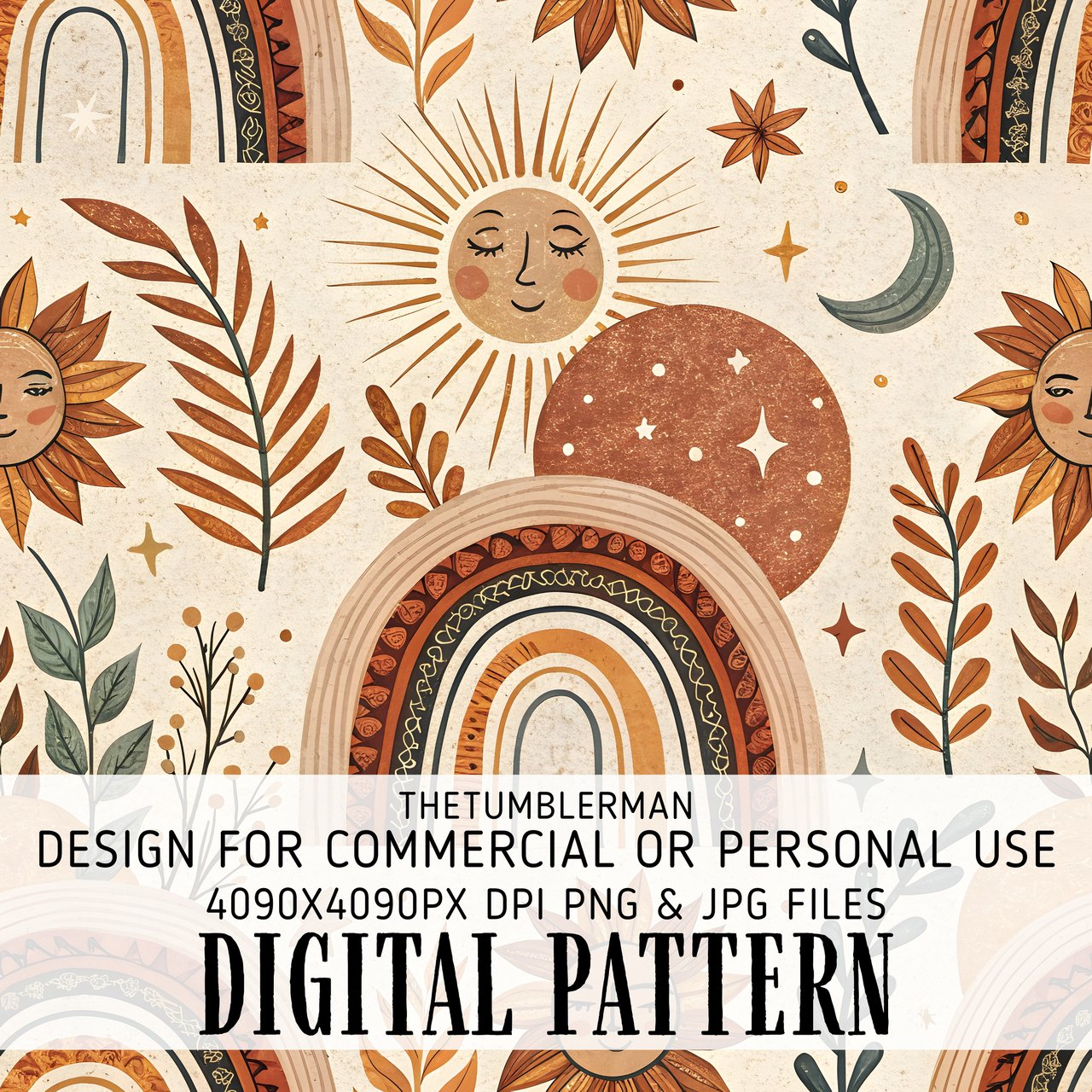 Digital Pattern, Celestial Boho, Rainbow Sun Moon Stars, Digital Bundle, Commercial Use, Planner Stickers, Scrapbooking, Fabric Design