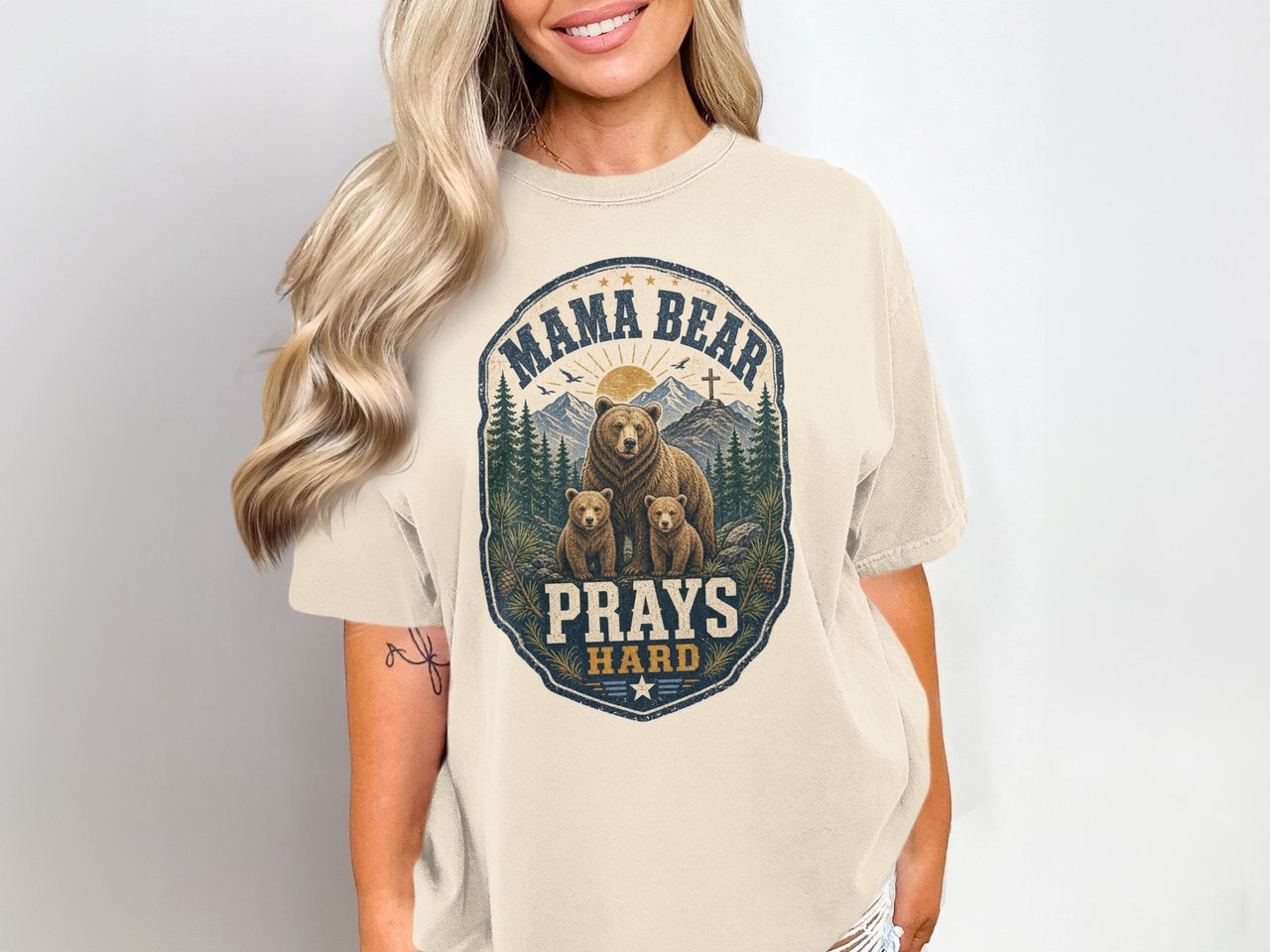 Mama Bear Prays Hard Rustic Christian Mom Art, Faith-Based Mountain Bear Family Design for Strong Motherhood Other