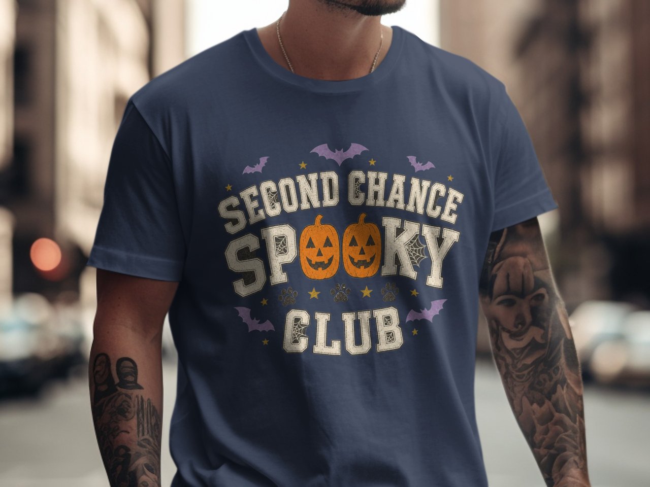 Second Chance Spooky Club Halloween T-Shirt, Vintage Rescue Pet Lover Tee, Fall Pumpkin Paw Print Bats Graphic Shirt, Spooky Season Apparel