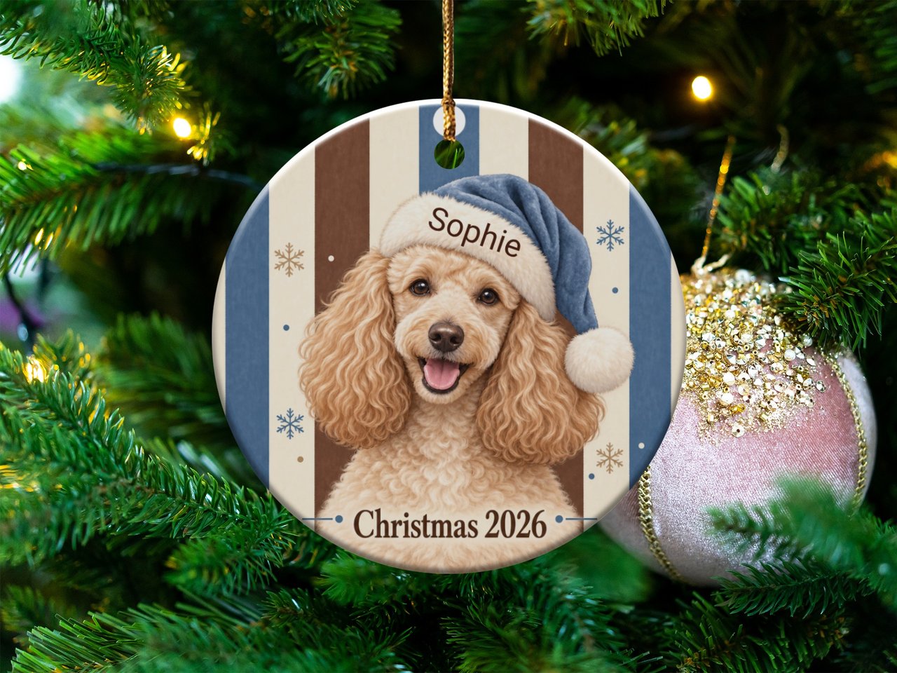 Poodle Christmas Ornament 2026, Cute Apricot Dog Holiday Keepsake, Blue Santa Hat Pet Lover Gift for Dog Mom, Festive Xmas Tree Decor