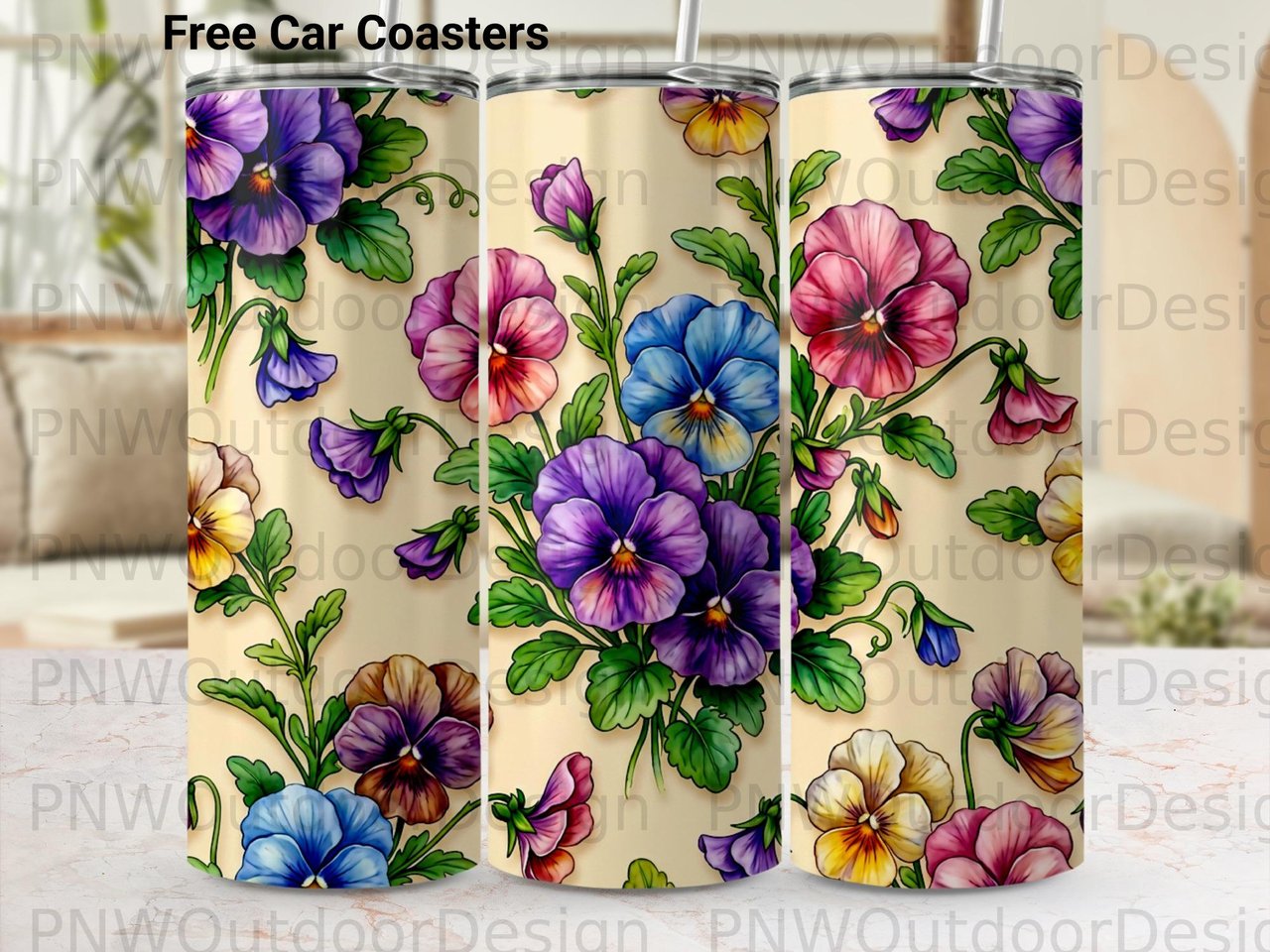20oz Tumbler Sublimation Seamless Pansy PNG, Tapered Floral Tumbler Wrap Digital File, Free Car Coaster Design
