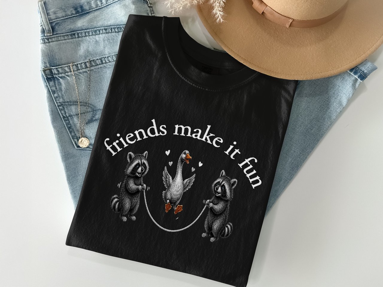 Friends Make It Fun Raccoon Goose T-Shirt, Cute Animal Friendship Tee, Whimsical Woodland Creatures Shirt, Best Friend Gift