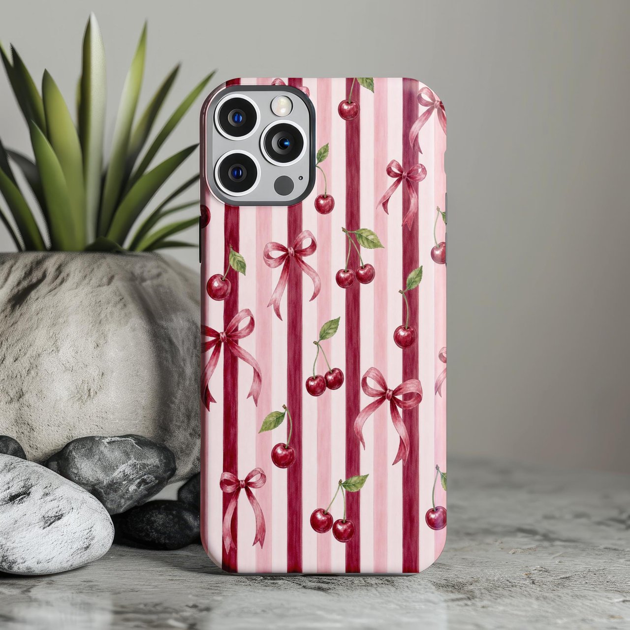 Coquette Cherry Tough Phone Case, Cute Pink Ribbon Bow Aesthetic Phone Cover, Vintage Striped French Chic Cherry Gift for Her