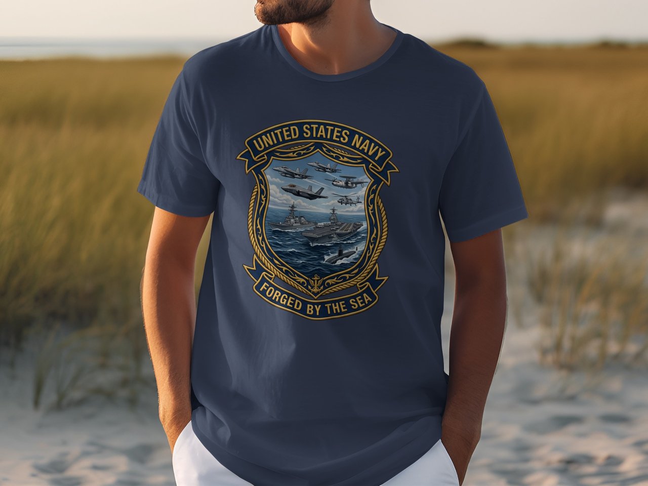 United States Navy T-Shirt, Forged By The Sea Emblem, Military Ships Aircraft Jets Graphic Tee, Veteran Patriot Gift