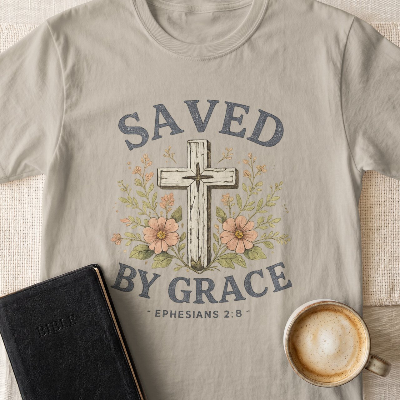 Saved by Grace Christian T-Shirt, Ephesians 2:8 Floral Cross Faith Tee, Inspirational Religious Scripture Women's Apparel Gift