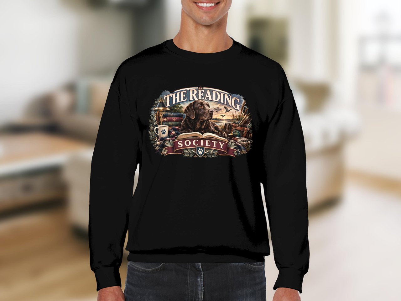 Reading Society Labrador Sweatshirt, Dark Academia Dog Lover Crewneck, Vintage Bookish Pullover, Cozy Book Club Gift For Reader Dog Mom